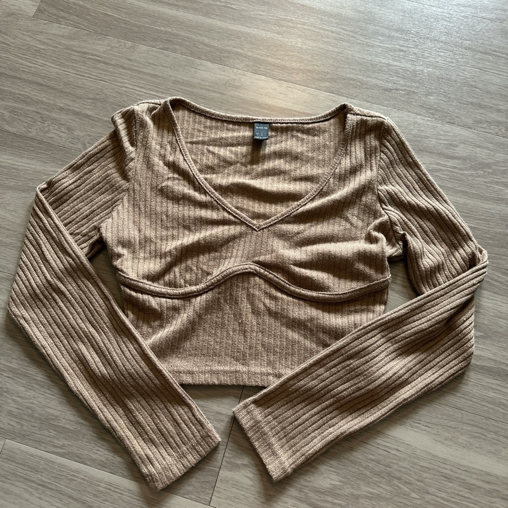 SHEIN Ribbed V-Neck Brown Crop Top
